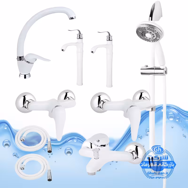 ست 9 عددی شیرآلات برند آیدا صنعت مدل قهرمان اردکی شیر ظرفشویی دو عدد شیر روشویی پایه‌بلند شیر حمام دو عدد شیر توالت علم دوش یونیکا دو عدد شلنگ توالت سفید کروم براق