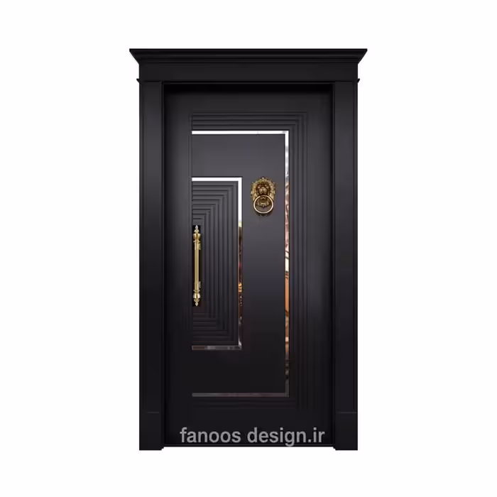 درب ورودی مدرن مشکی مدل هندسی با یراق‌آلات طلایی کد 30385