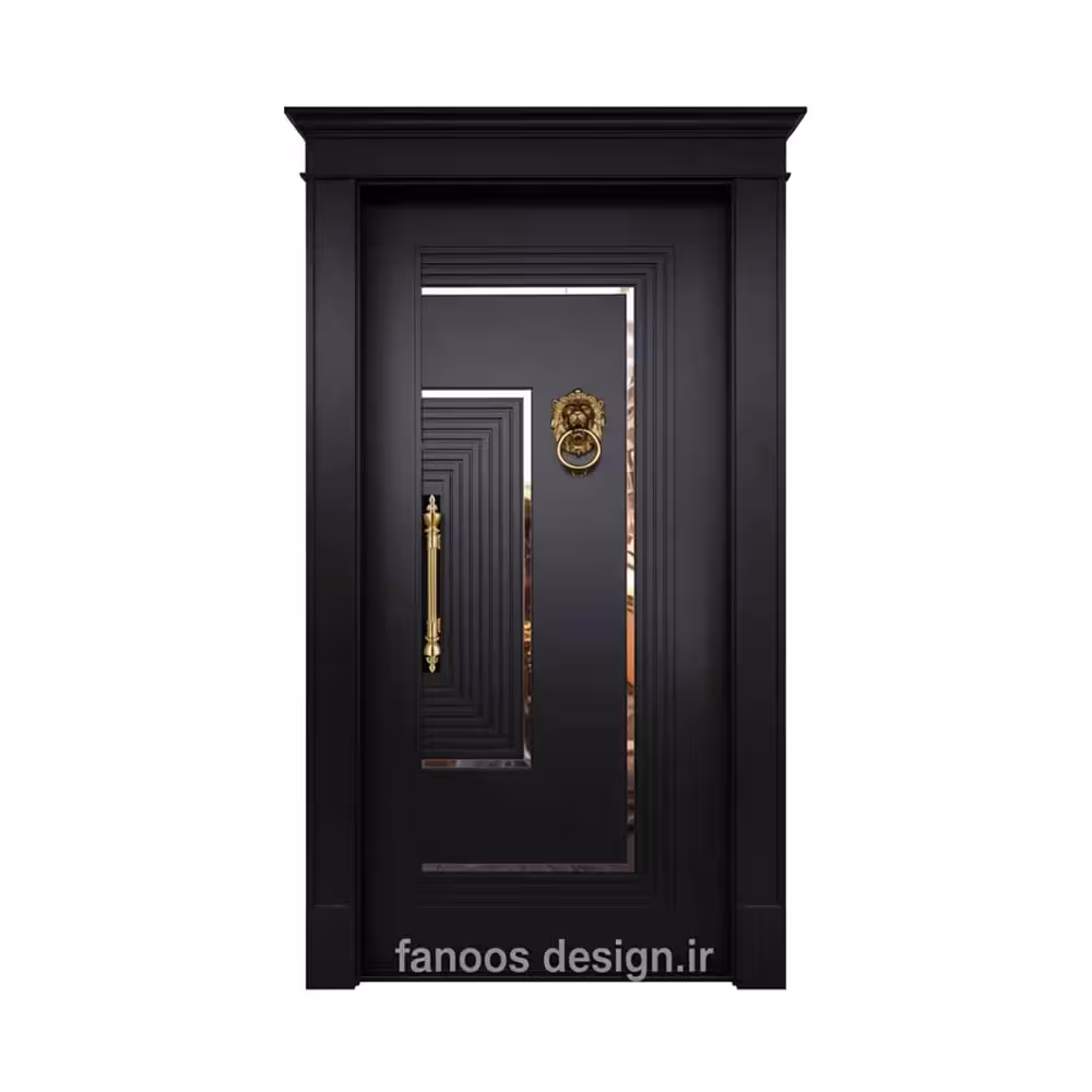 درب ورودی مدرن مشکی مدل هندسی با یراق‌آلات طلایی کد 30385