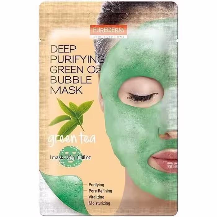 ماسک صورت حبابی پیوردرم با عصاره‌ چای سبز Purederm Deep Purifying Green O2 Bubble Mask