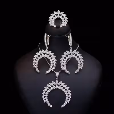 نیم ست نقره جواهری سنگین روکش طلا سفید کد 16007