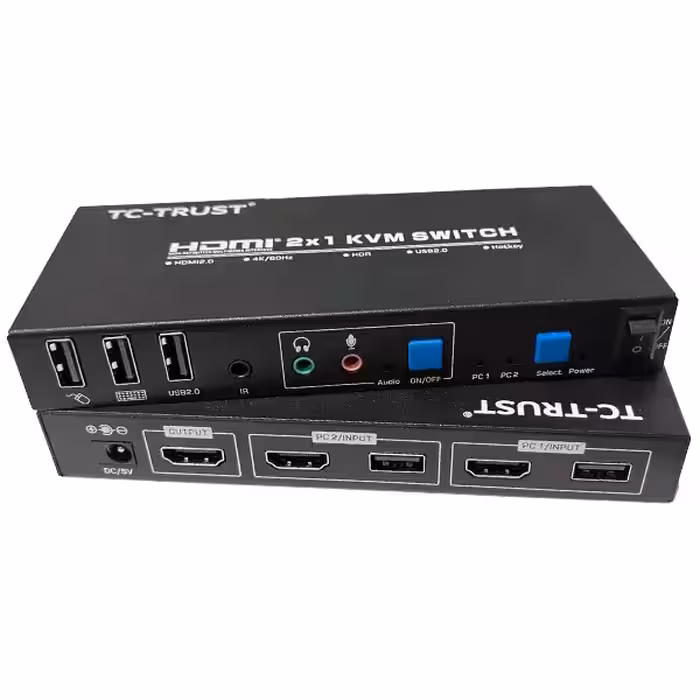 سوئیچ کی وی ام 2 خروجی دستی ریموت HDMI USB تی سی تراست مدل TC-KSW-21U