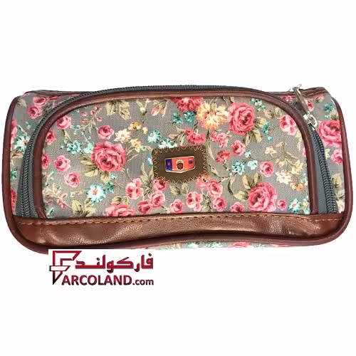 جامدادی پارچه ای متین کد 2-303 طرح گل طوسی رنگ | Matin pencil case | سه زیپ