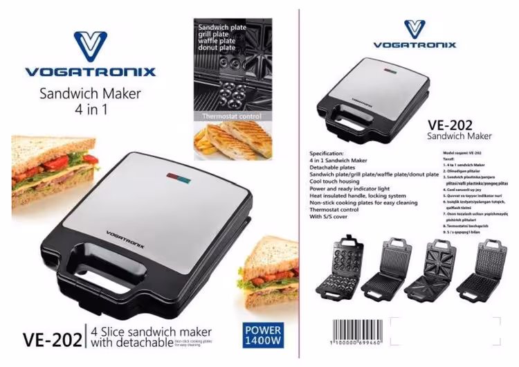 ساندویچ میکر 4 قالبه وگاتی VE-202 | دستگاه ساندویچ‌ساز با صفحات نچسب