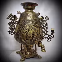 سماور زغالی مدل جام، طرح بازار و کاروانسرا، به سبک جدید (آنتیک هایلایت)