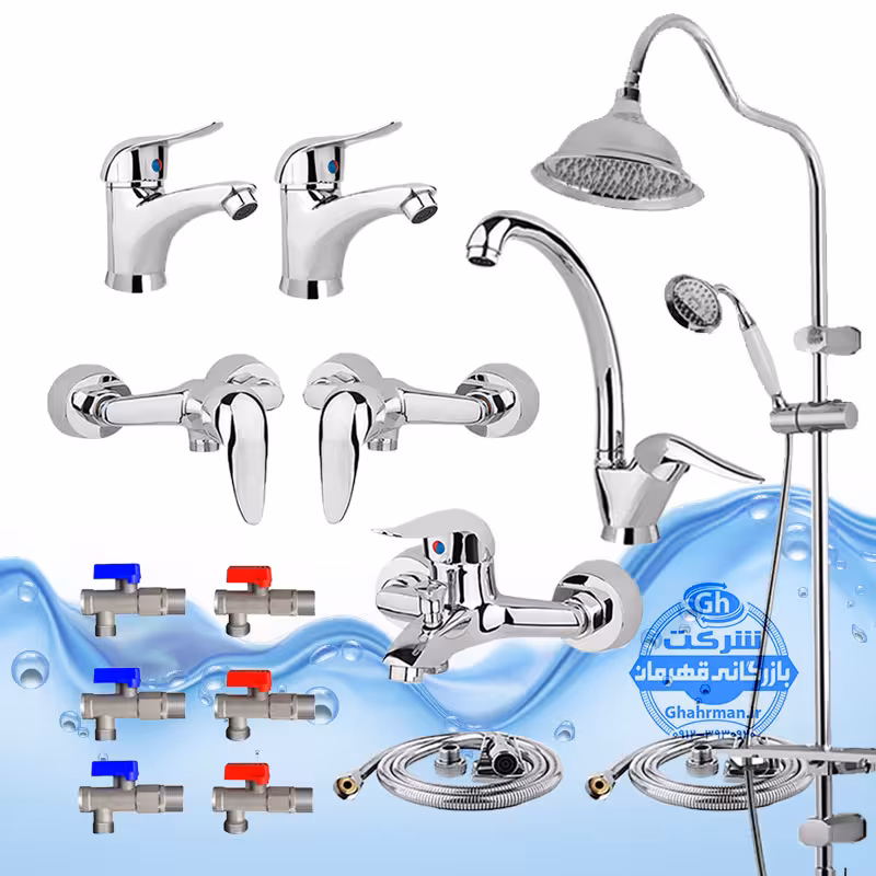 ست 15 عددی شیرآلات برند آیدا صنعت مدل قهرمان اردکی | شیر ظرفشویی   دو عدد شیر روشویی   شیر حمام   شیر توالت   علم دوش یونیورست مدل شیپوری   دو عدد شلنگ توالت   دو عدد شلنگ استیل   چهار عدد شیر پیسوار | کروم براق