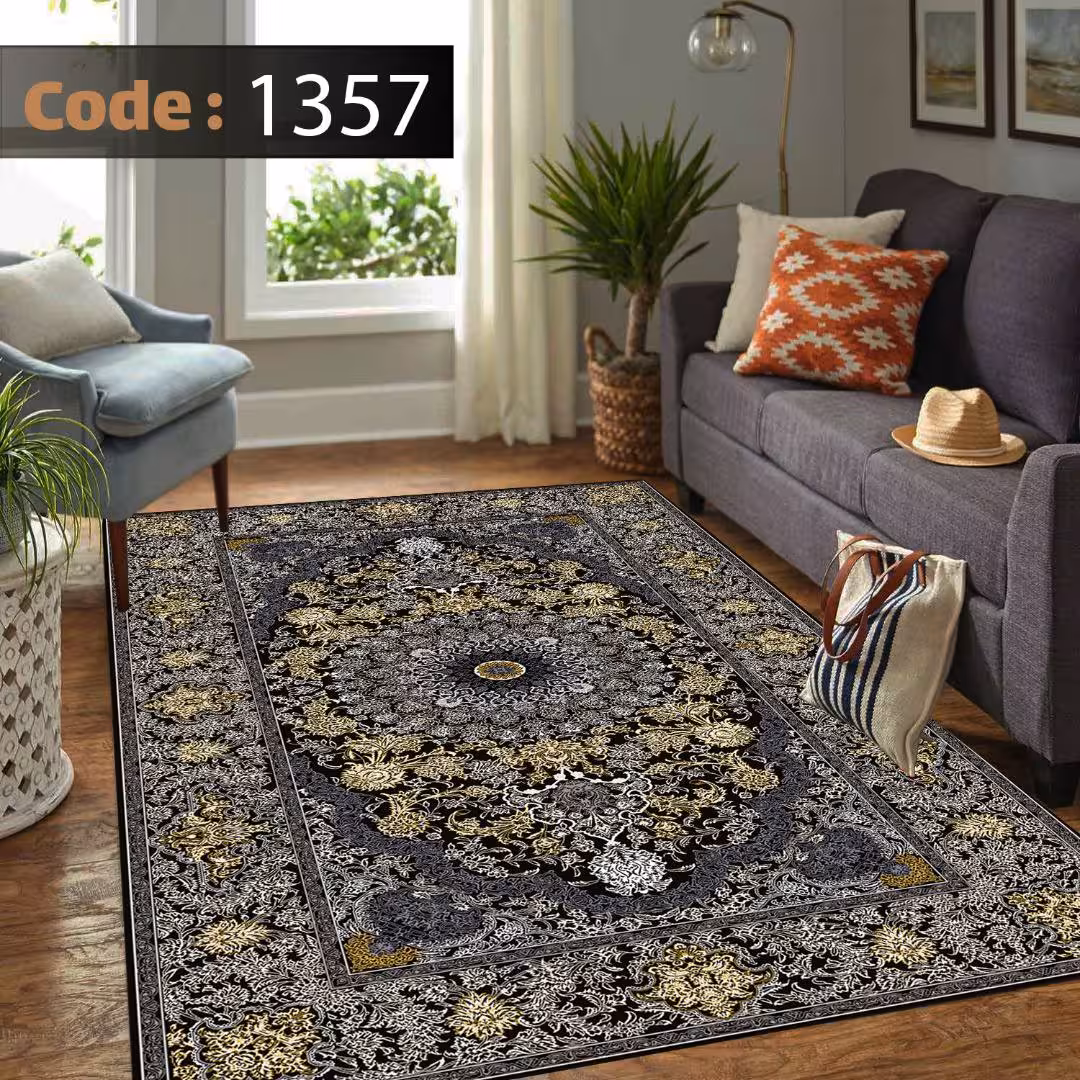کاورفرش روفرشی دورکشدار گوشه لیفه ای لاکی ، آبی و متنوع کد 1357