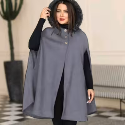 پانچو بافت زنانه پشمی مدل مانتو پانچو کلاهدار بافت فشرده