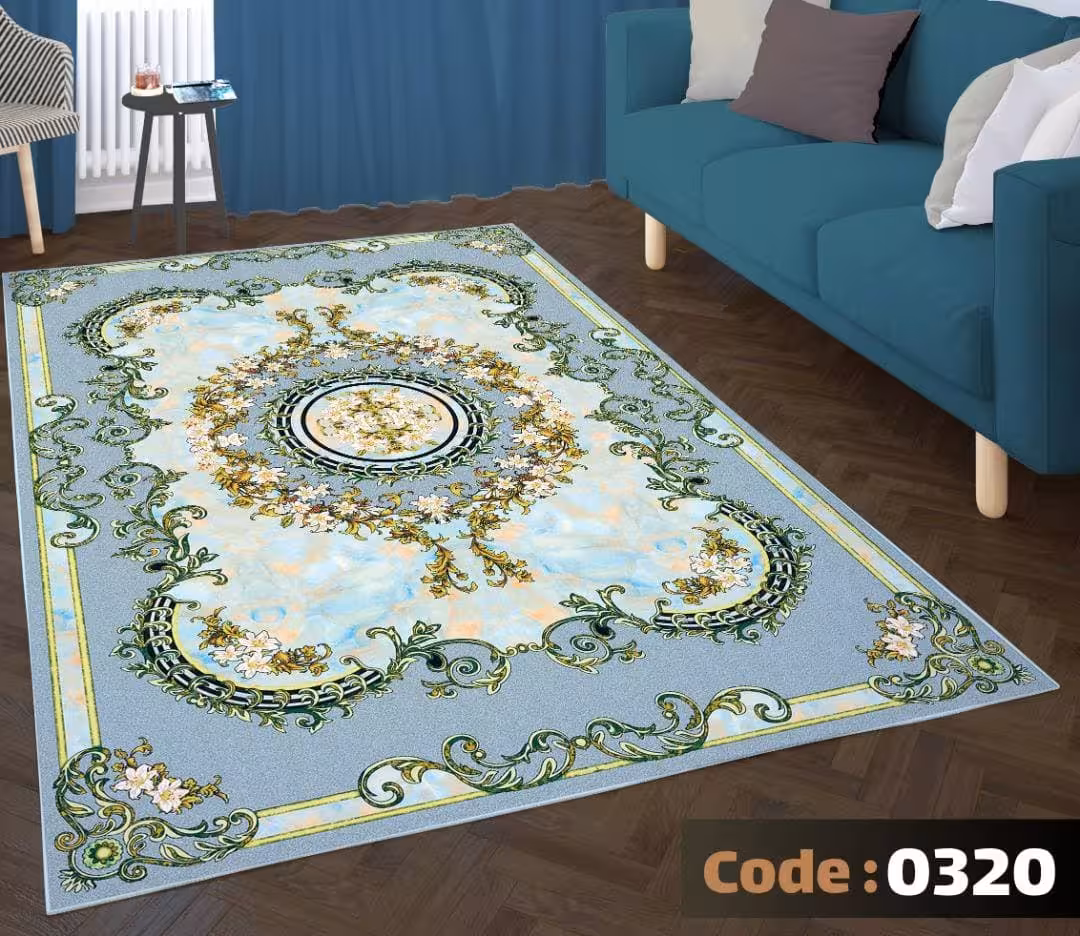 کاورفرش روفرشی دورکشدار گوشه لیفه ای لاکی ، آبی و متنوع کد 0320