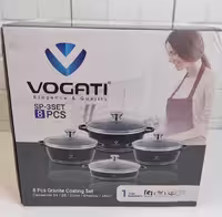 سرویس قابلمه 8 تکه گرانیتی وگاتی . رنگ مشکی شامل قابلمه به سایزهای 20،24و 28 و یک عدد ماهیتابه سایز 28