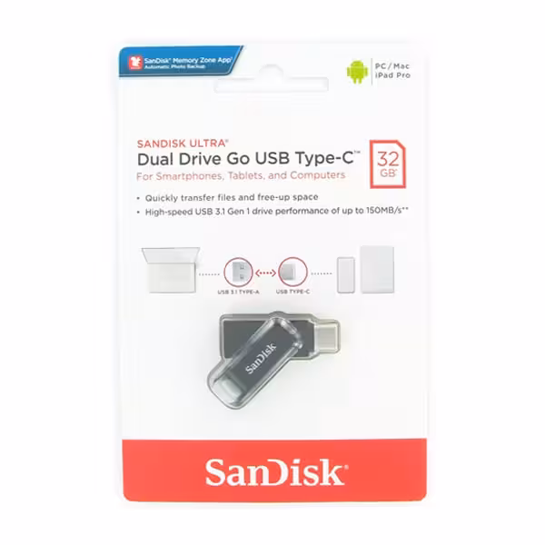 فلش سن دیسک Ultra USB 3.1 Dual Drive Go تایپ سی ظرفیت 32 گیگ