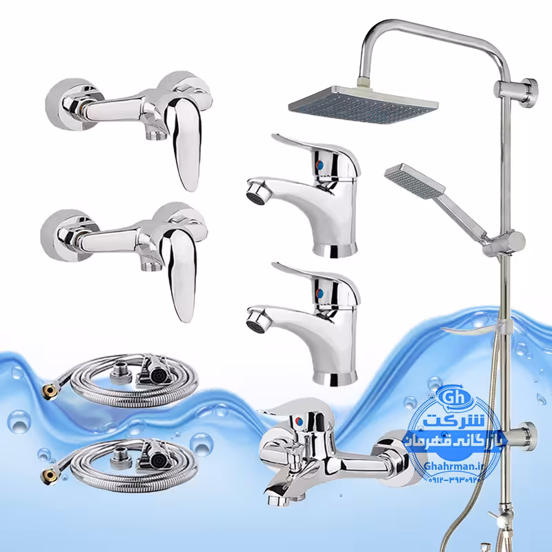 ست 8 عددی شیرآلات برند آیدا صنعت مدل قهرمان اردکی | شیر حمام   دو عدد توالت   دو عدد روشویی   علم دوش یونیورست صفحه استیل رسوب‌گیر اتومات   دو شلنگ توالت | کروم براق
