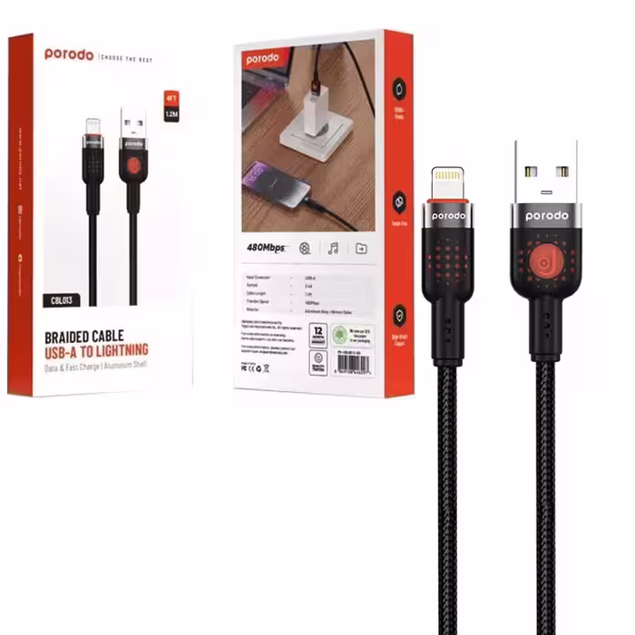 کابل شارژ و دیتا آیفونی Lightning فست 1.2متری پرودو Porodo Cbl013