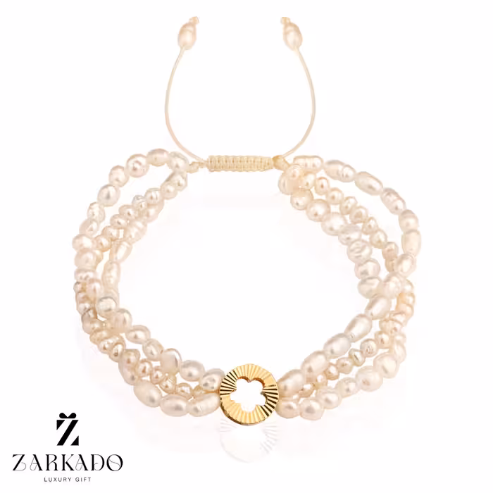 دستبند مرواریدی سه رج و پلاک طلا طرح گل