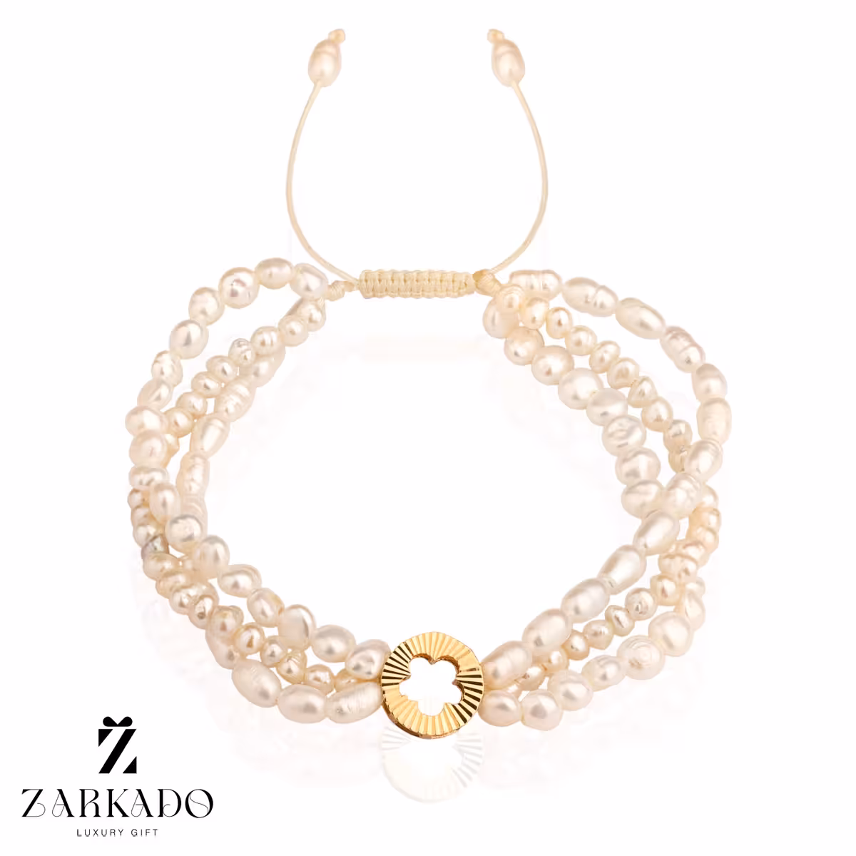 دستبند مرواریدی سه رج و پلاک طلا طرح گل