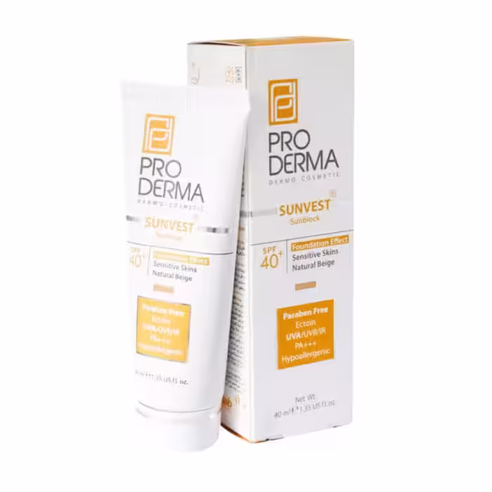 کرم ضد آفتاب مینرال رنگی بژ طبیعی ⁺SPF40پرودرما ProDerma Sunvest Sunblock SPF40⁺ Foundation Effect