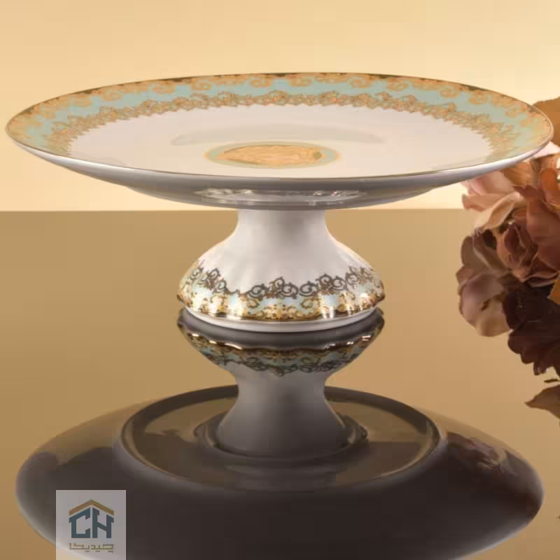 شیرینی خوری چینی پایه دار طرح ورساچه فیروزه ای مدل WP103361