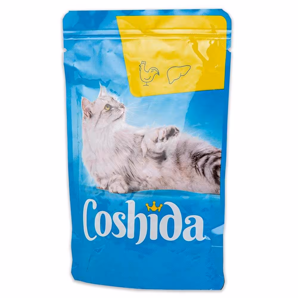 پوچ گربه کوشیدا طعم گوشت مرغ و جگر وزن 100 گرم