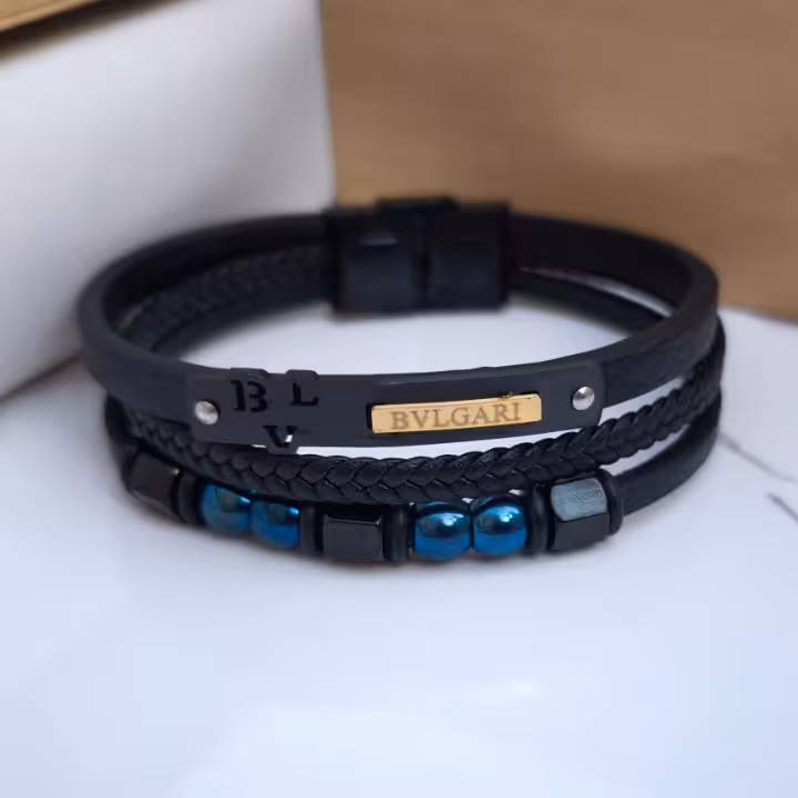 دستبند چرمی بولگاری سه دور مشکی اسپرت