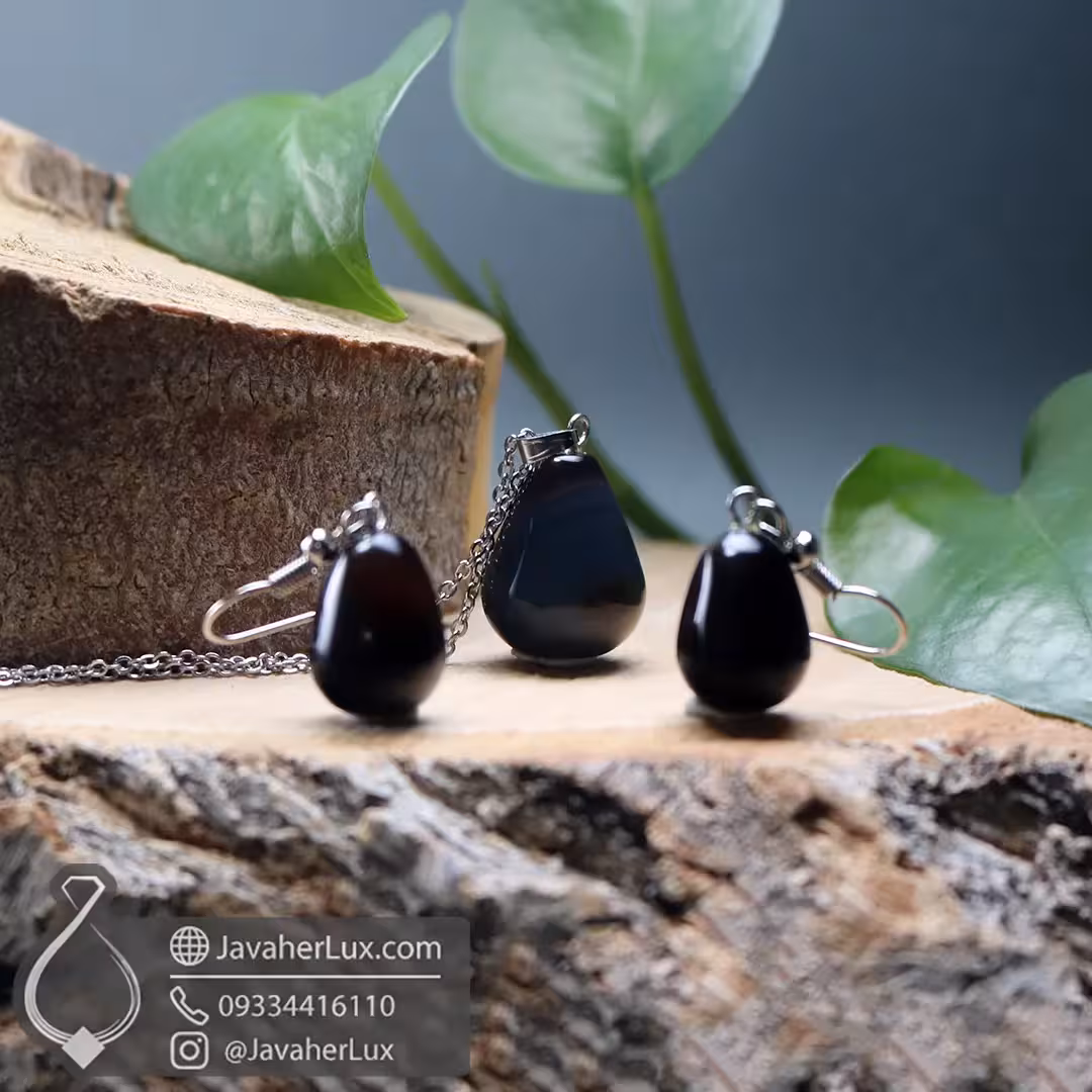 نیم ست سنگ عقیق سیاه اونیکس اصل و طبیعی مدل رفتان _ کد : 400653