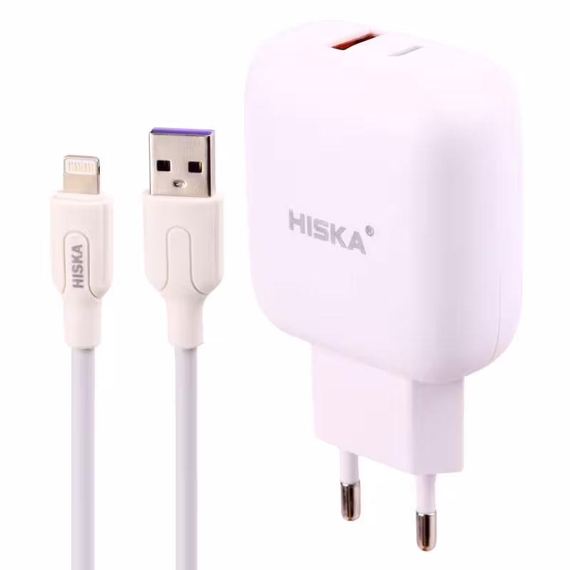 شارژر دیواری فست شارژ هیسکا Hiska H112-PD 2Port QC3 PD   کابل آیفونی