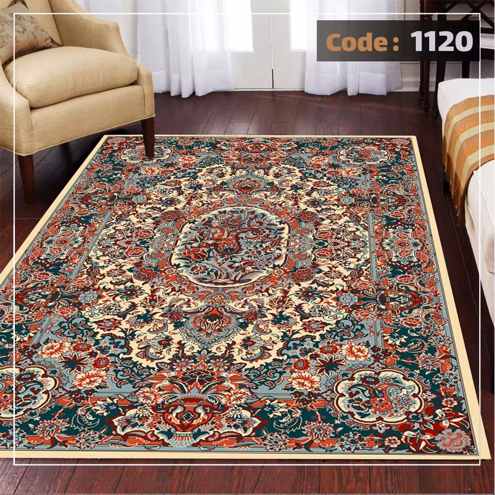 کاورفرش روفرشی دورکشدار گوشه لیفه ای لاکی ، آبی و متنوع کد 1120