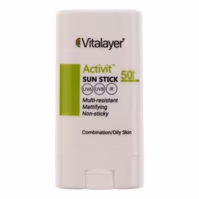 ضد آفتاب استیکی بیرنگ ویتالیر SPF 50 مدل اکتیویت محافظ UVA،UVB,IR مناسب پوستهای مختلط و چرب وزن 15 گرم