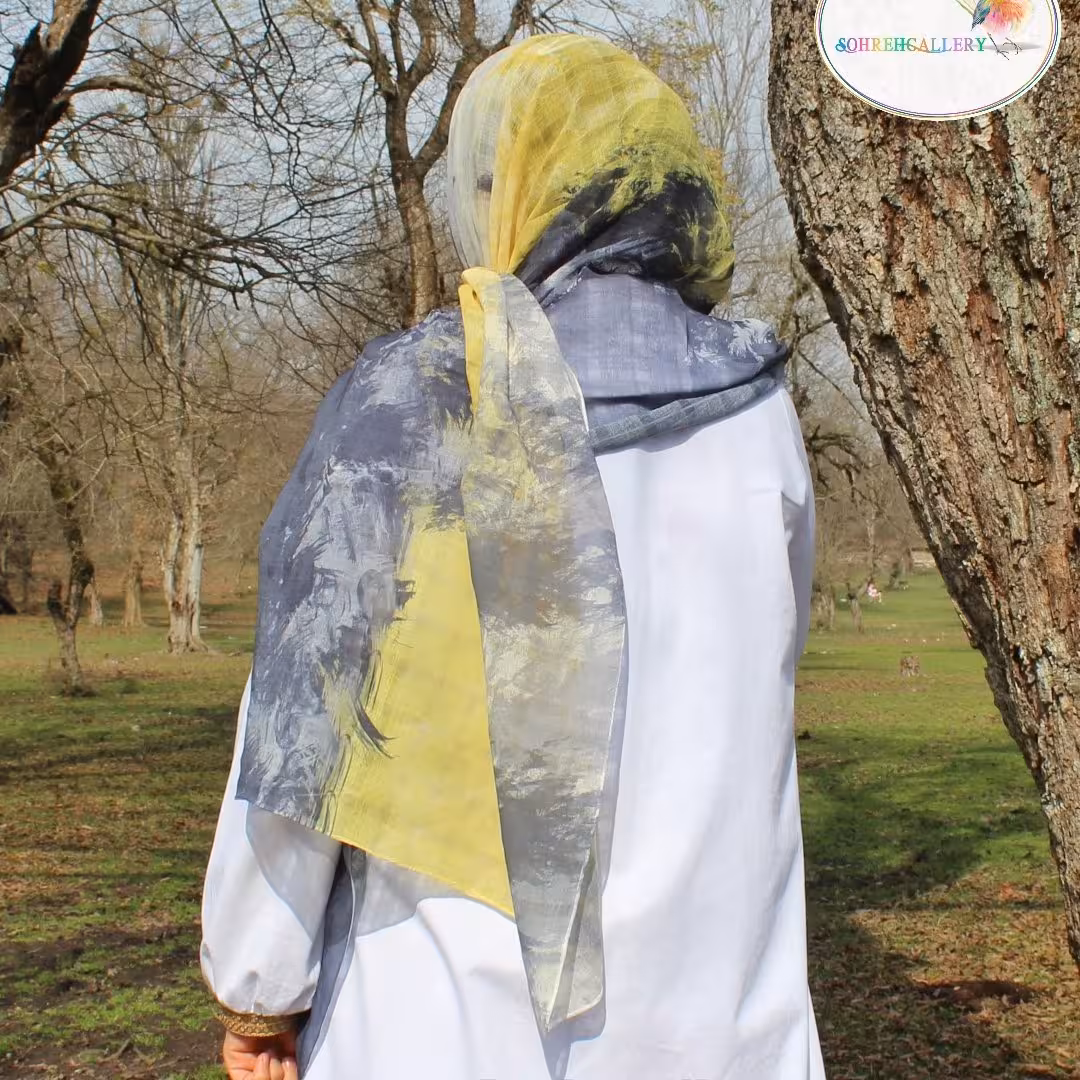 شال نخ ابریشم، ایستایی عالی، طوسی زرد، بسیار باکیفیت و خوش جنس
