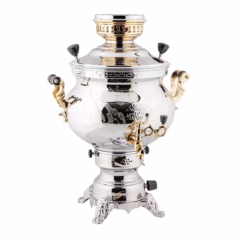 سماور گازی طاووس مدل خمره ای قلم زنی کد 114-2 گنجایش 10 لیتر