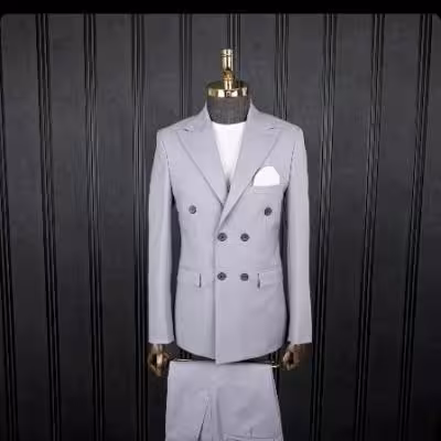 کت و شلوار دبل برست مردانه پارچه بردن طوسی روشن سایز44تا58