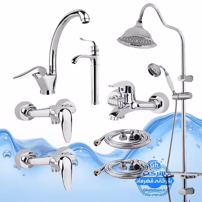 ست 8 عددی شیرآلات برند آیدا صنعت مدل قهرمان اردکی | شیر ظرفشویی   روشویی پایه‌بلند   حمام   دو عدد توالت   علم دوش یونیورست شیپوری   دو شلنگ توالت | کروم براق
