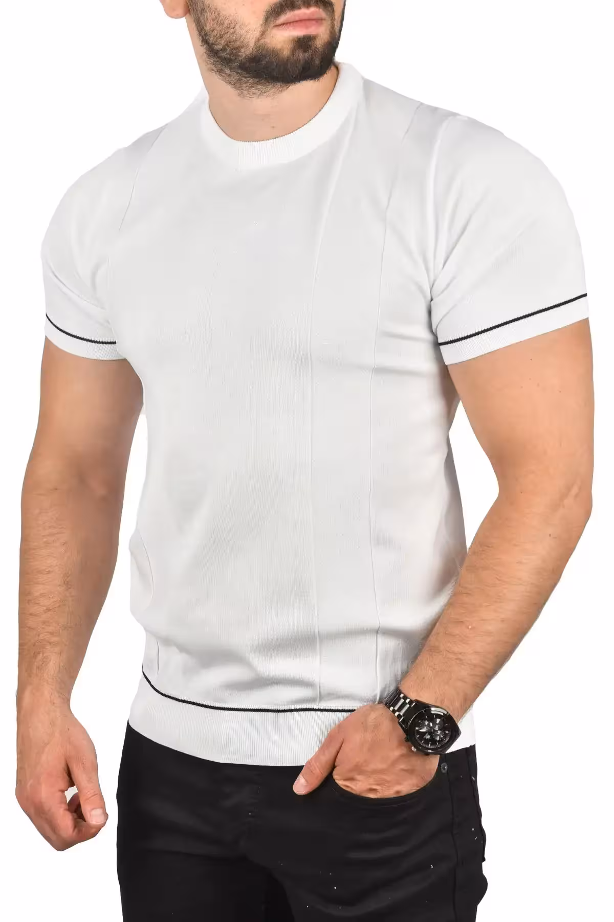 تی شرت پنبهای سفید مردانه با برش تنگ و یقه گرد، نازک و تنفسپذیر 2504347 - 8820