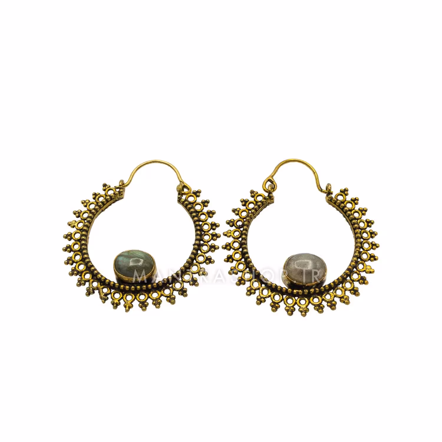 گوشواره برنجی دست ساز هندی با سنگ لابرادوریت کد 1233