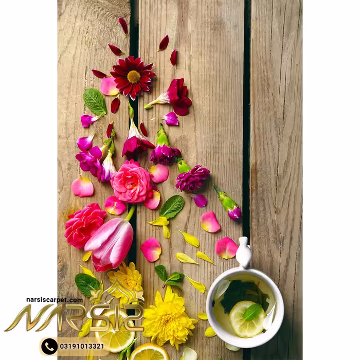 فرشینه آشپزخانه طرح گل و فنجان روی میز چوبی کد 7033