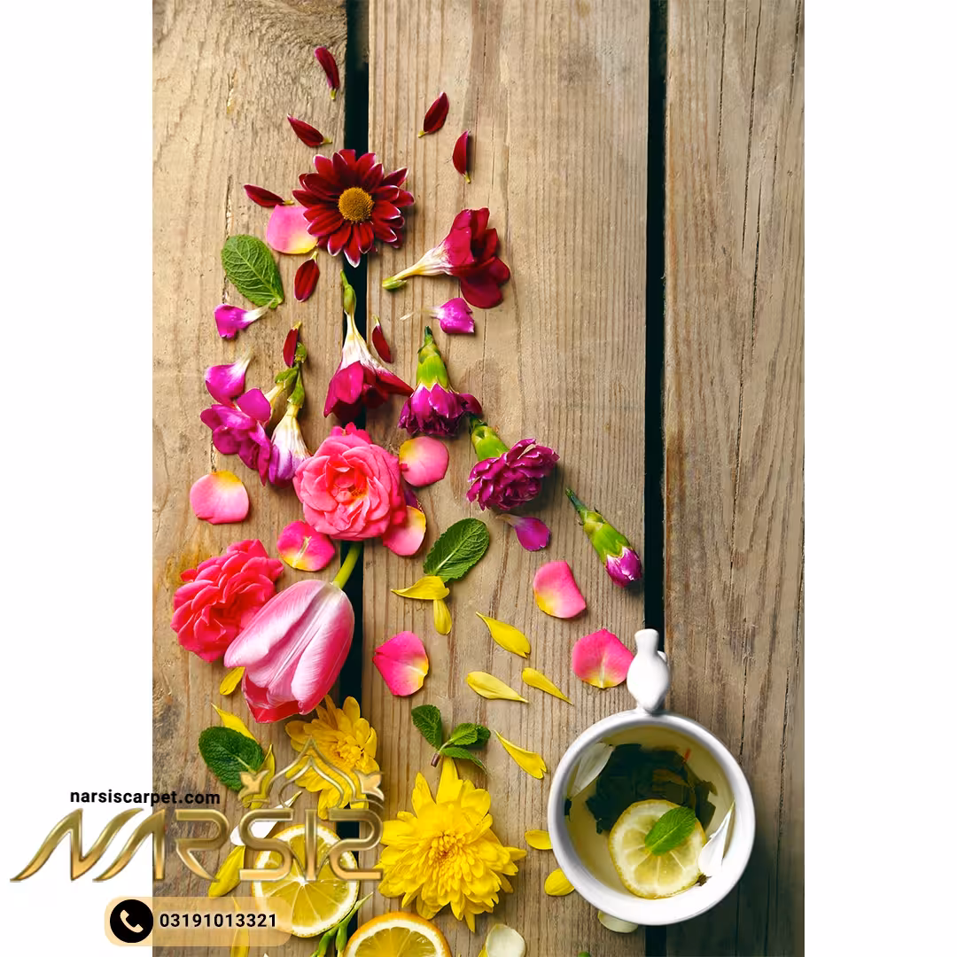 فرشینه آشپزخانه طرح گل و فنجان روی میز چوبی کد 7033