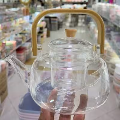 کتری پیرکس شفاف دسته بامبو