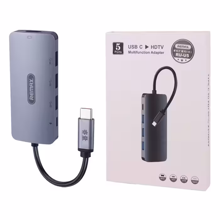 هاب 5 پورت تایپ سی به USB 3.0/HDMI/Type-C ریمکس مدل RU-U5