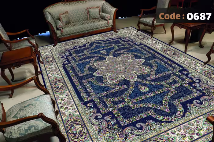 کاورفرش روفرشی دورکشدار گوشه لیفه ای لاکی ، آبی و متنوع کد 0687