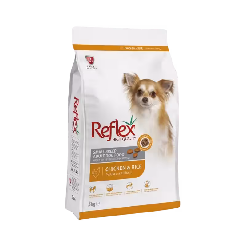 غذای خشک سگ بالغ نژاد کوچک طعم مرغ و برنج برند برند Reflex رفلکس پلاس 3 کیلویی