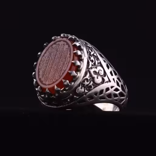 انگشتر مردانه عقیق سرخ نقش چهار قل اصل ( انگشتر نقره مردانه )