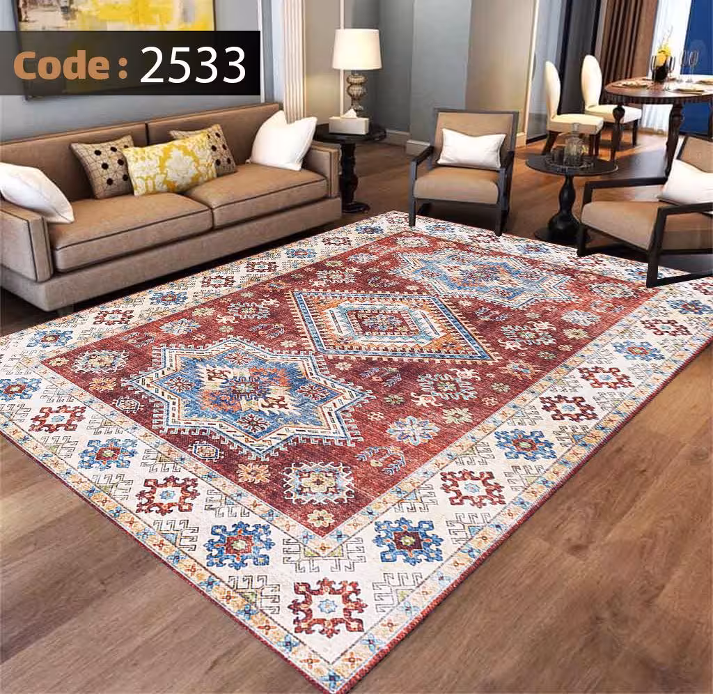 کاورفرش روفرشی دورکشدار گوشه لیفه ای لاکی ، آبی و متنوع کد 2533
