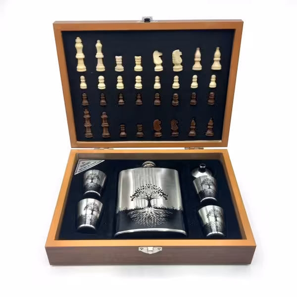 قمقمه جیبی 4شات و جعبه چوبی شطرنج طرح درخت زندگی 270cc کد a560552