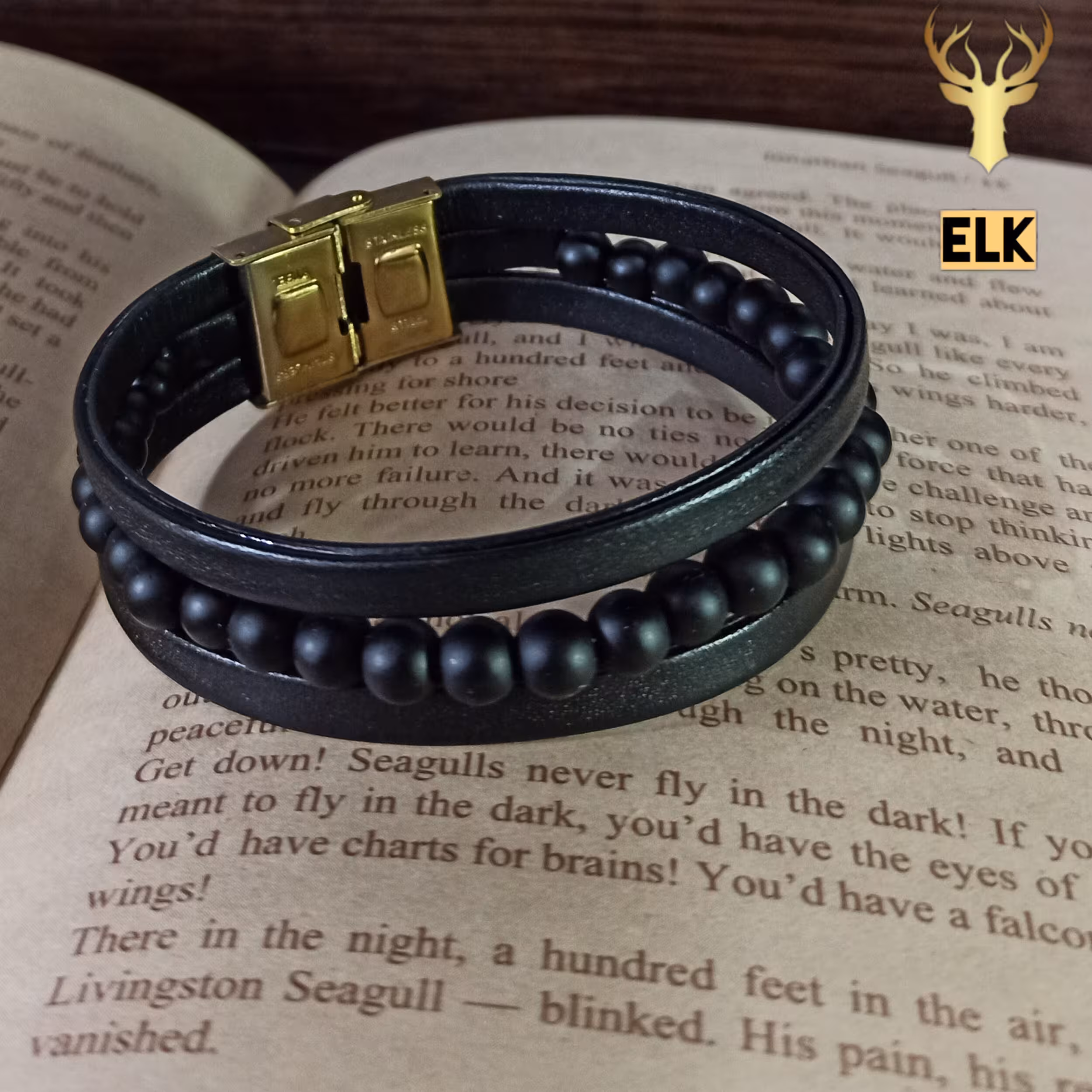 دستبند چرم طبیعی و سنگ مدل A312 مشکی (ارسال رایگان با جعبه چوبی)