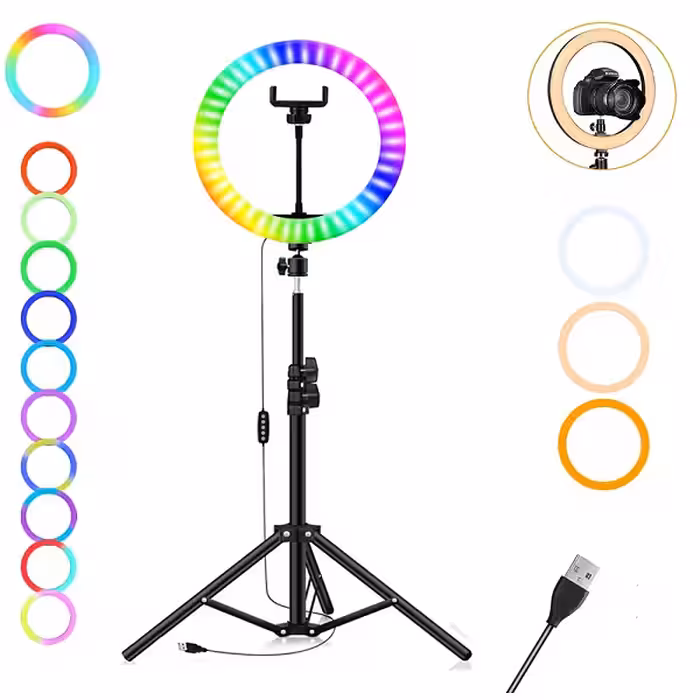 رینگ لایت حرفه ای با پایه 2 متری مدل RGB RING LIGHT MJ26