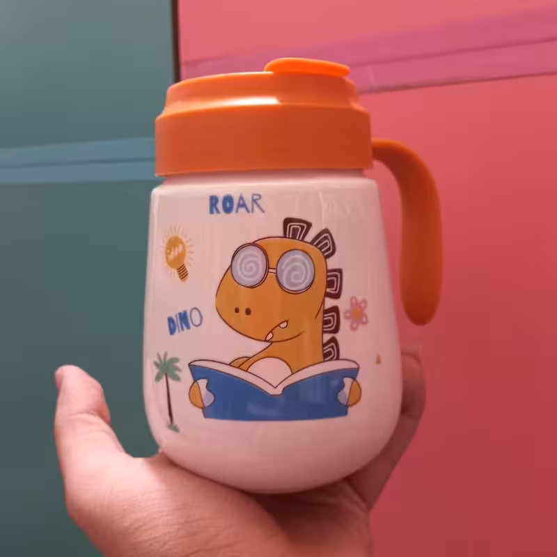 لیوان ماگ فانتزی طرح دایناسور درب فلاسکی ه همراه نی شیشه ای