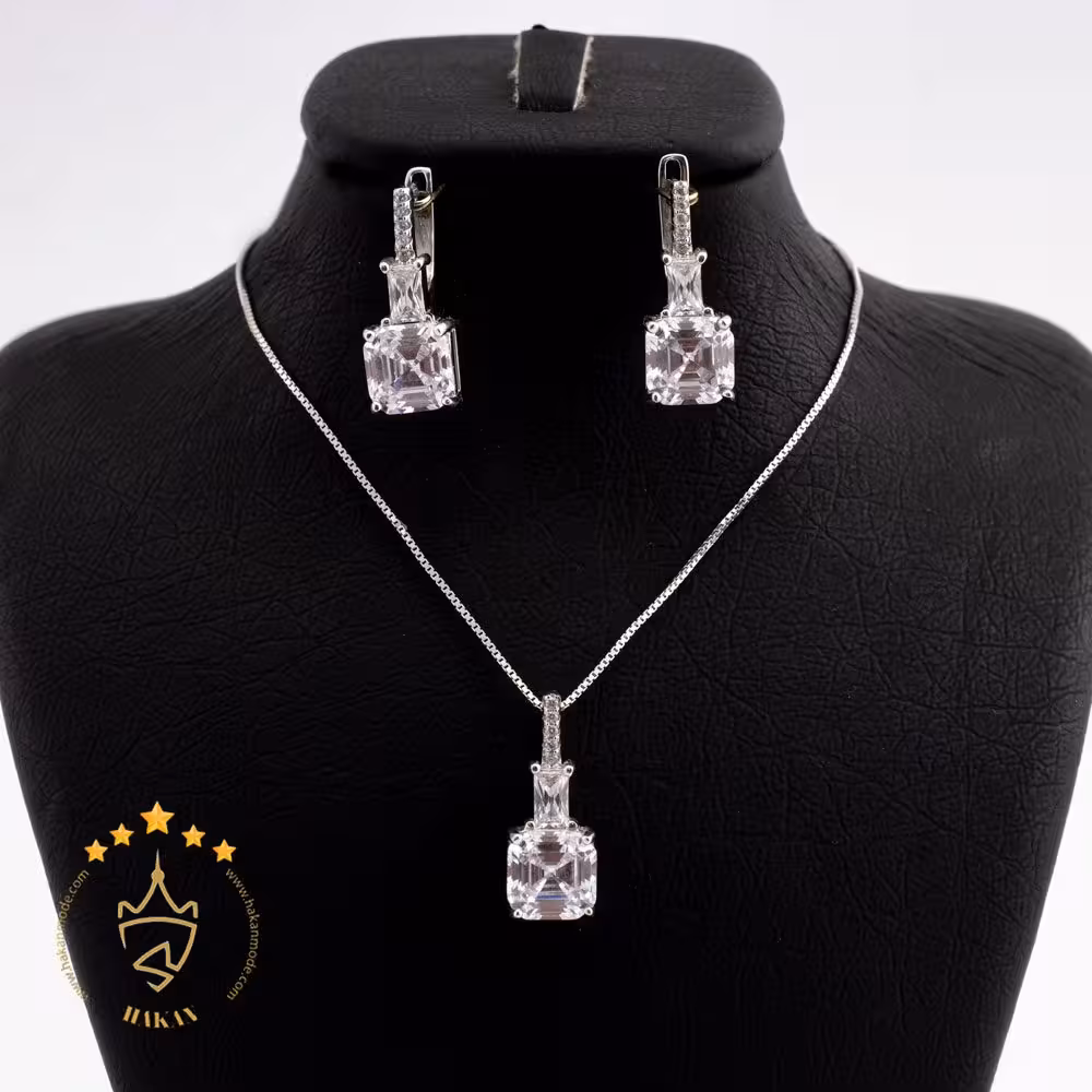 نیم ست نقره طرح نگین مربع | HS 866