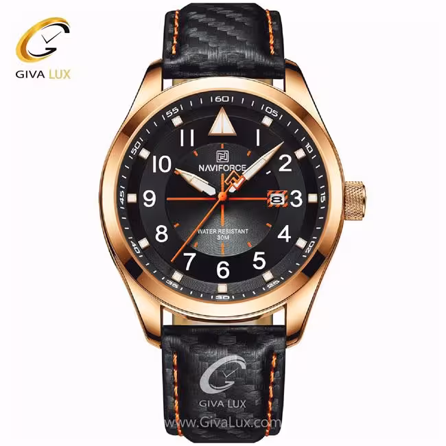 ساعت مچی مردانه بند چرم مشکی - رزگلد نوی فورس NF8022