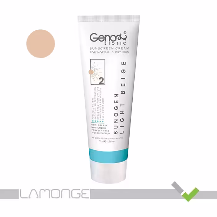 کرم ضد آفتاب SPF50 بژ روشن ژنوبایوتیک مناسب پوست خشک و معمولی شماره 2 حجم 50 میلی لیتر