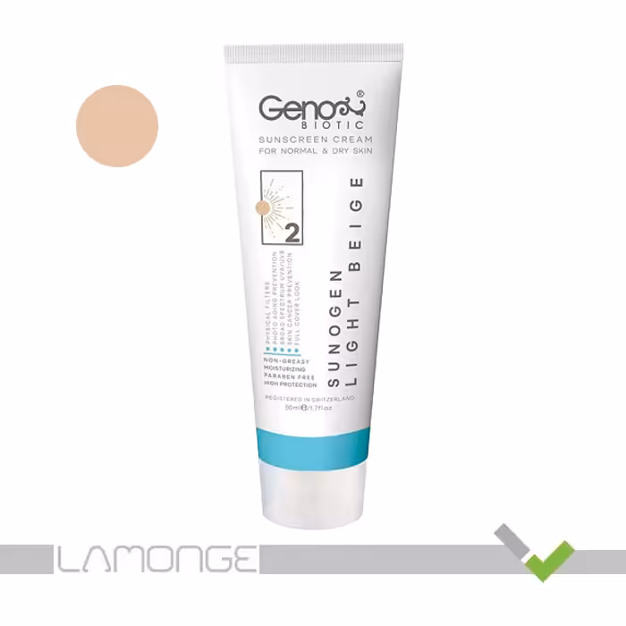 کرم ضد آفتاب SPF50 بژ روشن ژنوبایوتیک مناسب پوست خشک و معمولی شماره 2 حجم 50 میلی لیتر