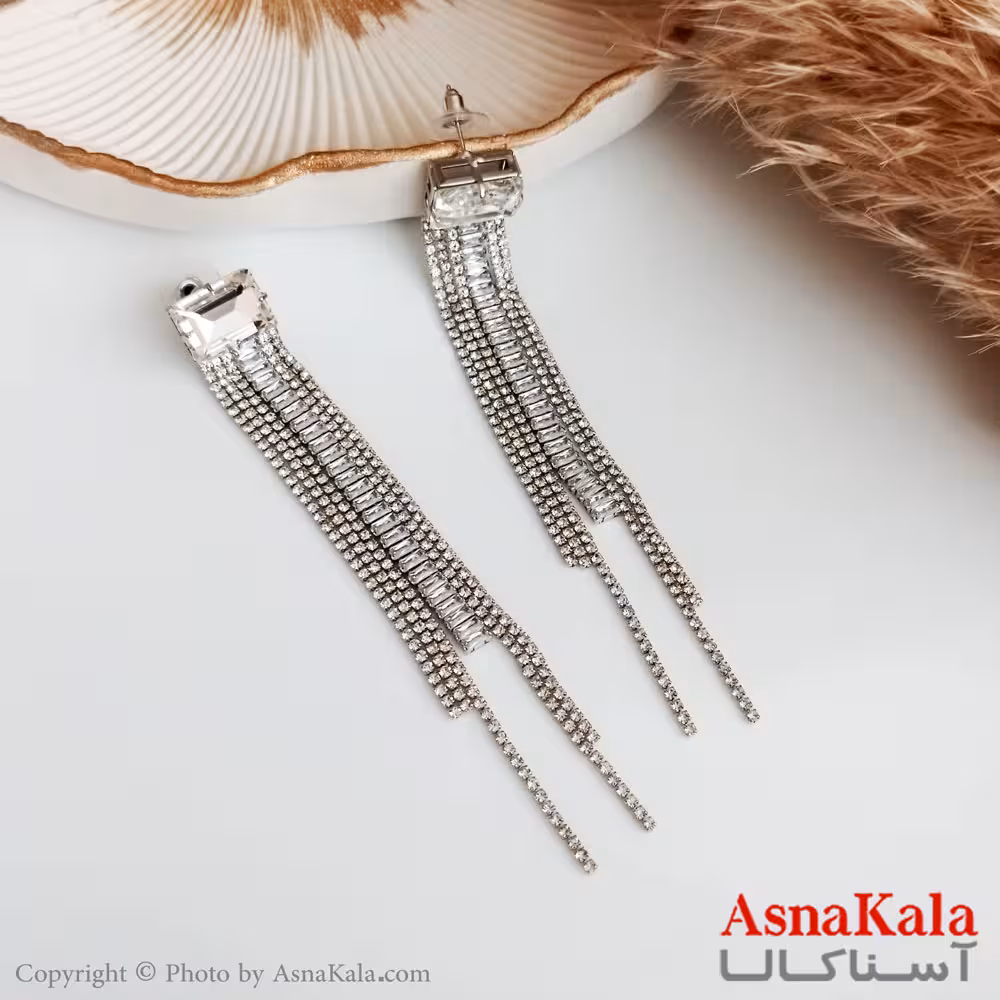 گوشواره جواهر آویز نگین دار زنانه استیل مدل ریسه ای رنگ نقره ای کد GSH15382W